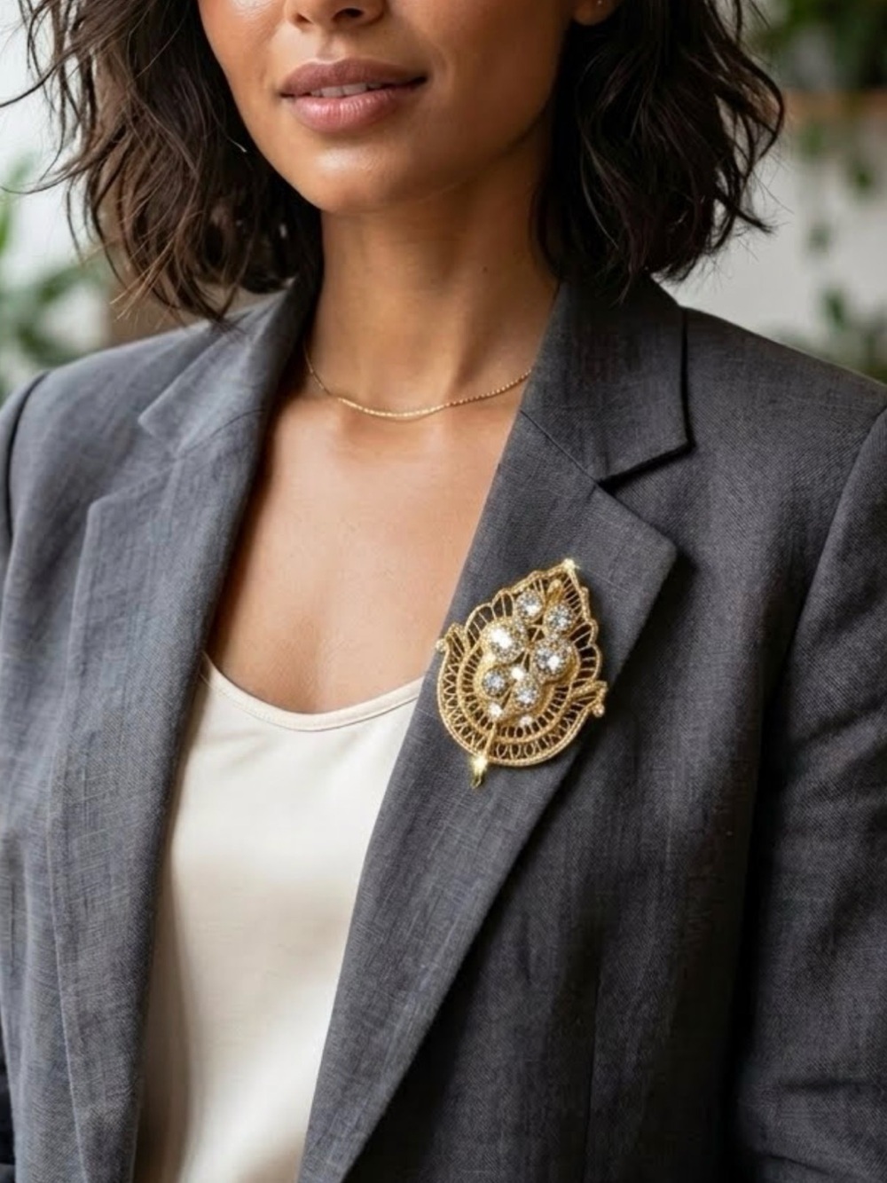 Gold Leaf Filigree Brooch with Crystal Centers